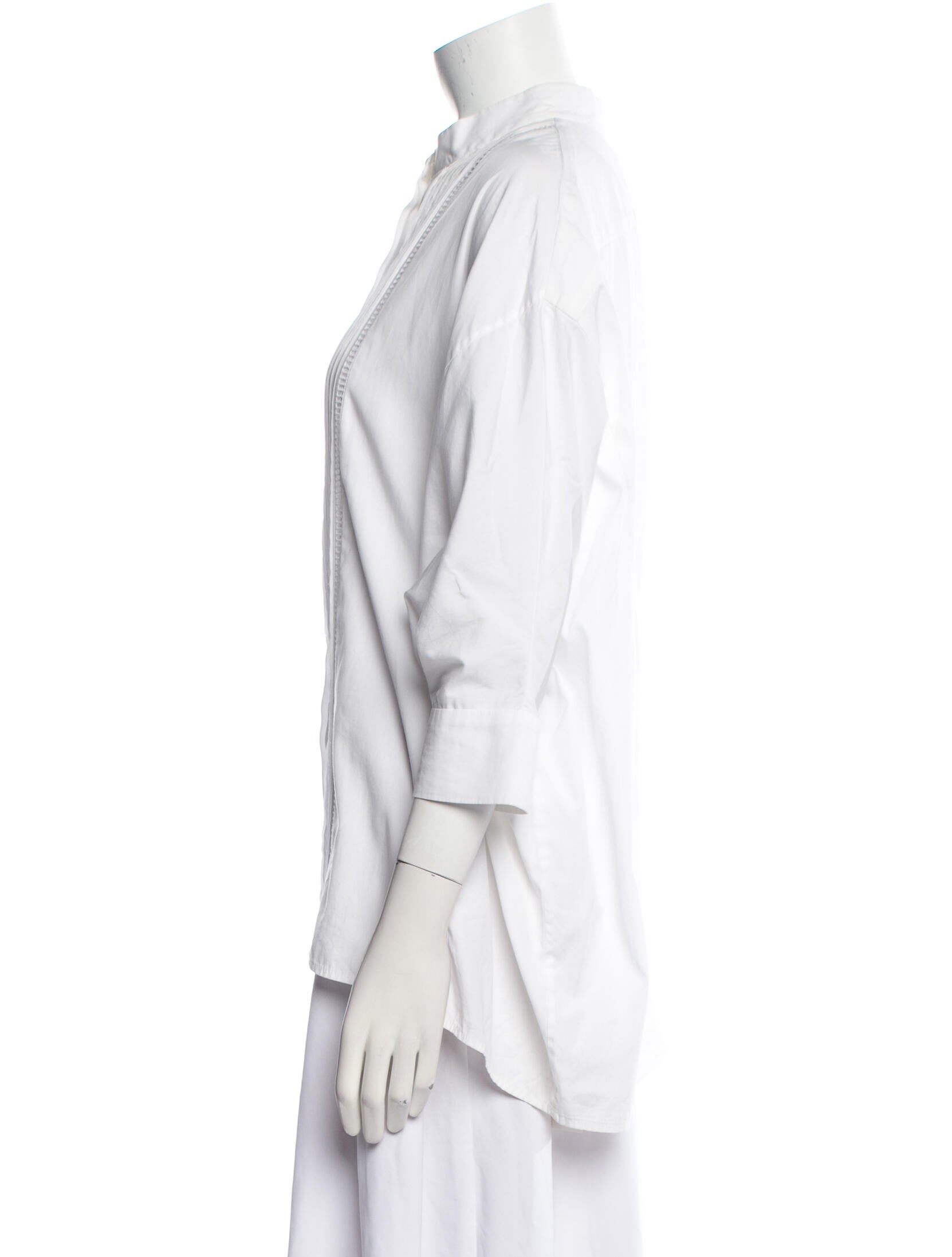 Adam Lippes Mock Neck Three-Quarter Sleeve Button-Up Top