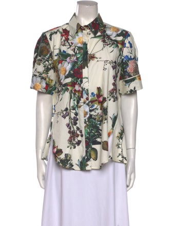 Adam Lippes Floral Print Short Sleeve Button-Up Top