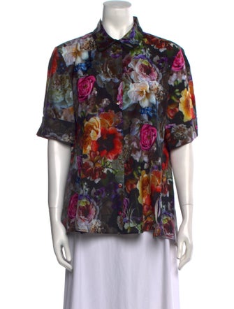 Adam Lippes Floral Print Short Sleeve Button-Up Top