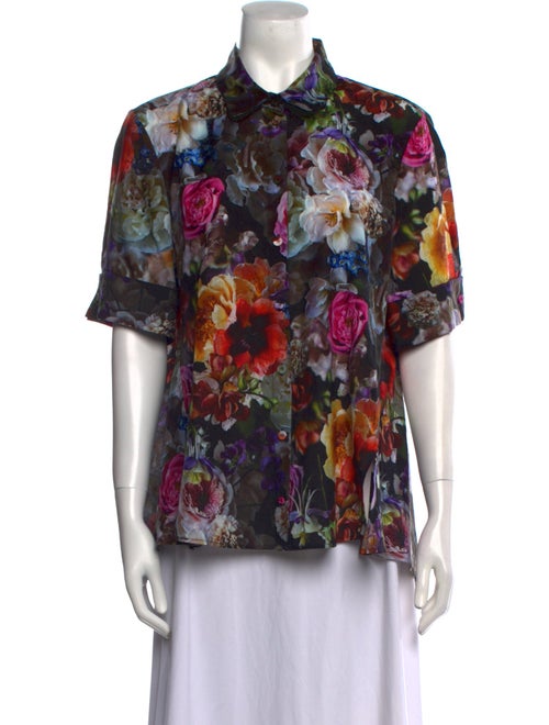 Adam Lippes Floral Print Short Sleeve Button-Up Top