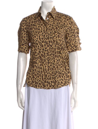 Adam Lippes Animal Print Short Sleeve Button-Up Top