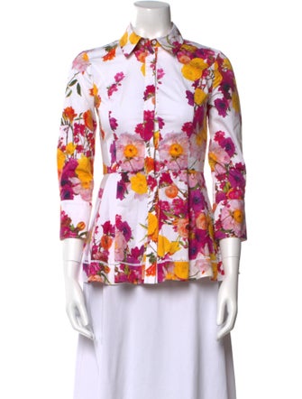 Adam Lippes Floral Print Three-Quarter Sleeve Button-Up Top