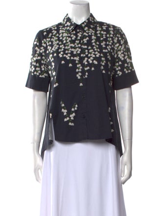 Adam Lippes Floral Print Short Sleeve Button-Up Top