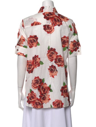 Adam Lippes Floral Print Short Sleeve Button-Up Top