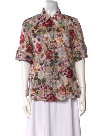 Adam Lippes Floral Print Short Sleeve Button-Up Top