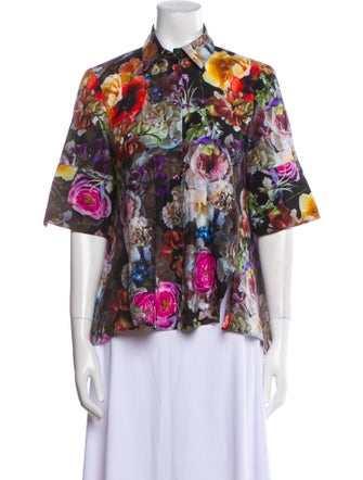 Adam Lippes Floral Print Three-Quarter Sleeve Button-Up Top