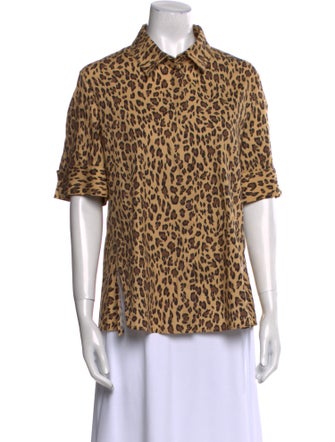 Adam Lippes Animal Print Short Sleeve Button-Up Top