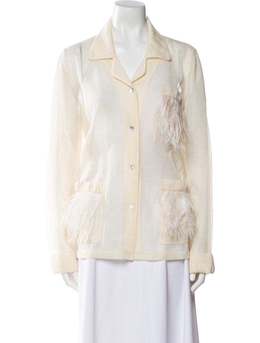 Alanui Button-Up Top Neutrals Feather Trim Long S… - image 1