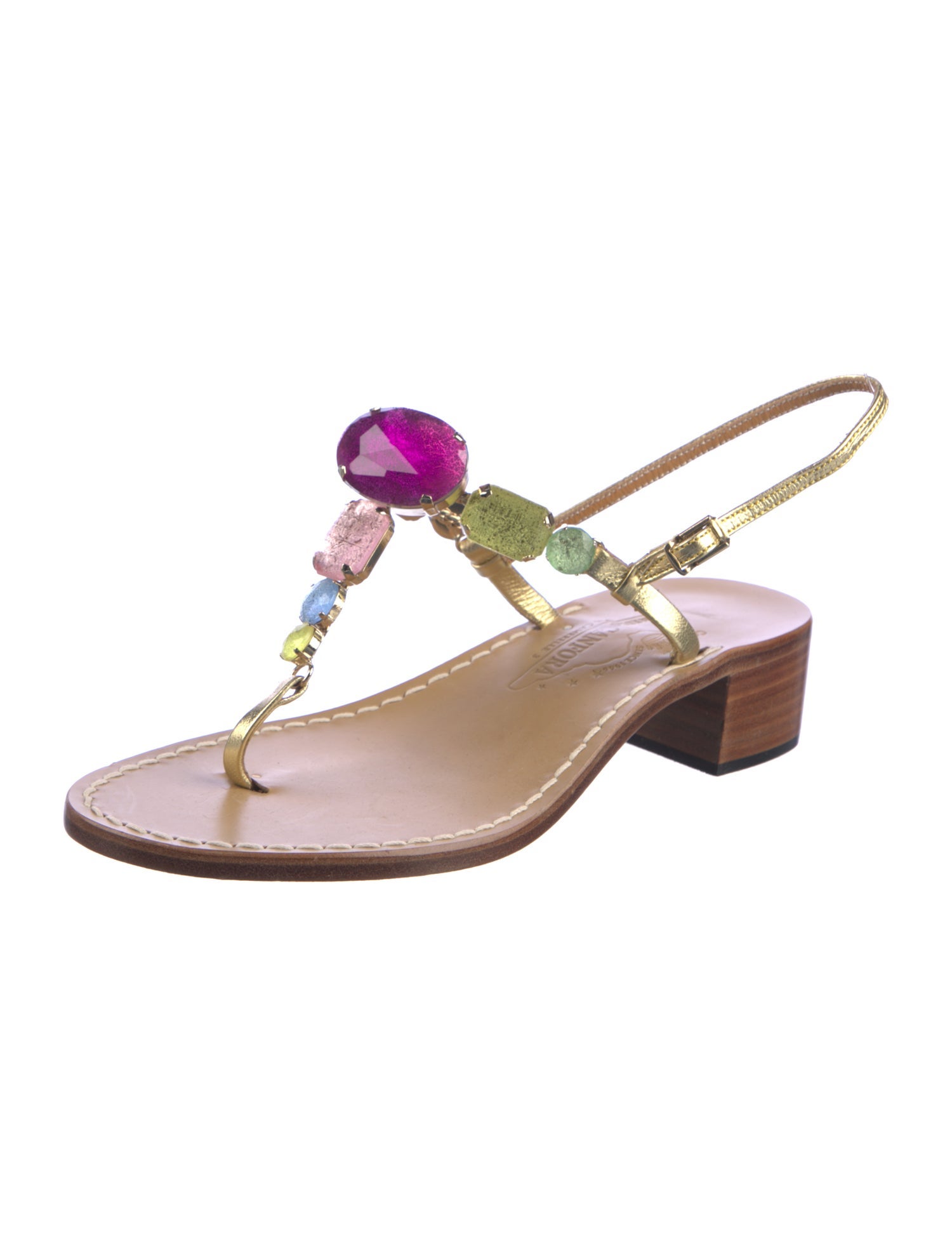 Amedeo Leather Crystal Embellishments T-Strap Sandals