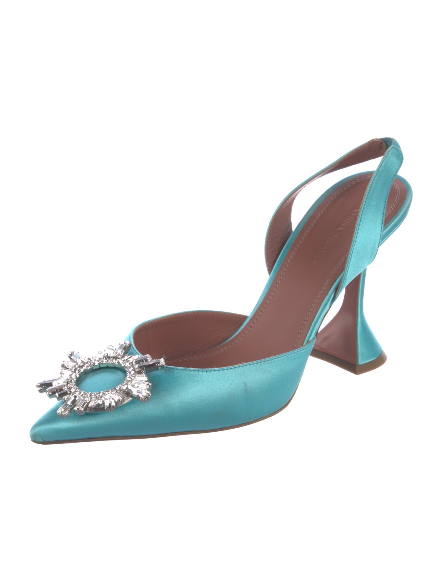 Amina Muaddi Satin Crystal Embellishments Slingback Pumps
