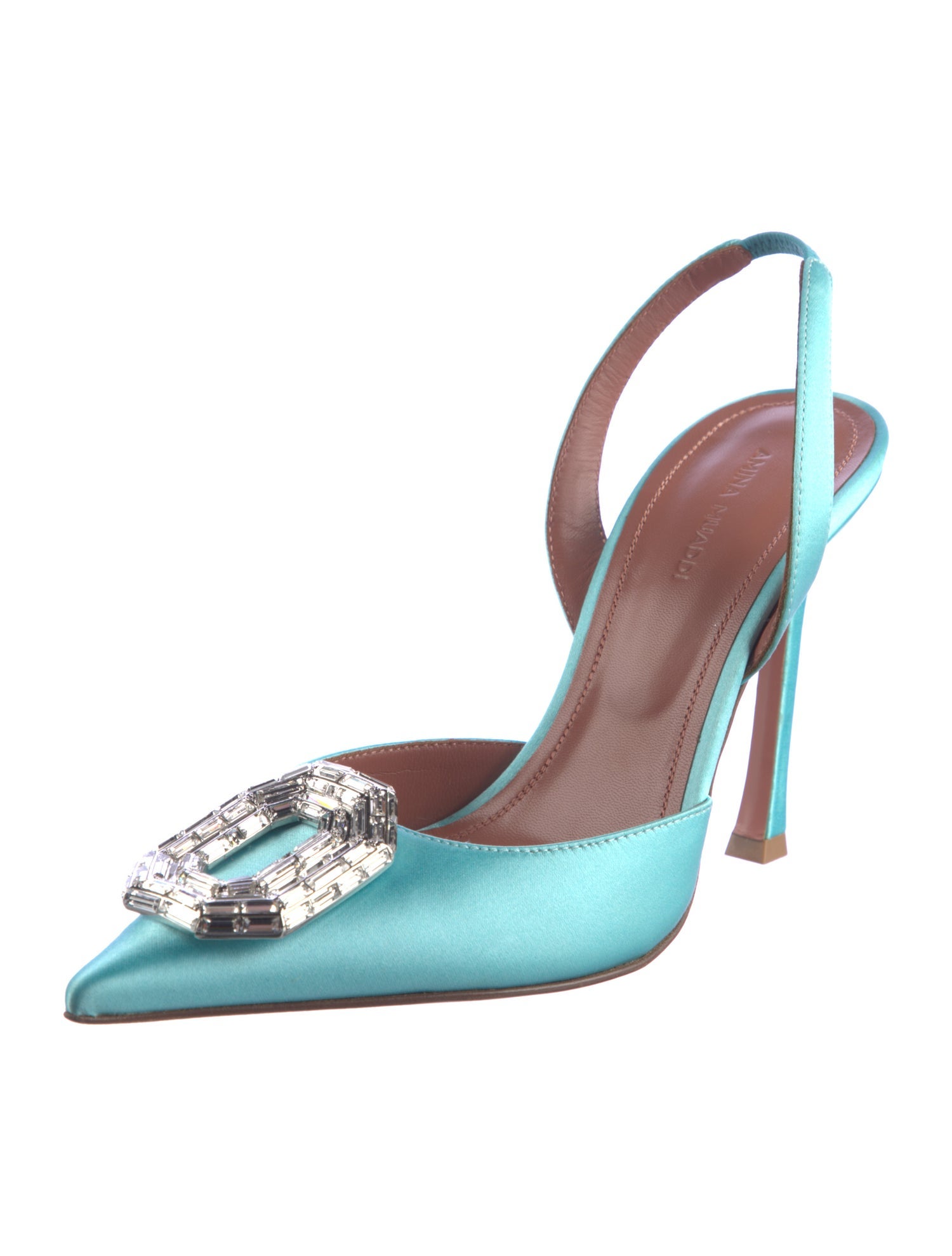 Amina Muaddi Satin Crystal Embellishments Slingback Pumps