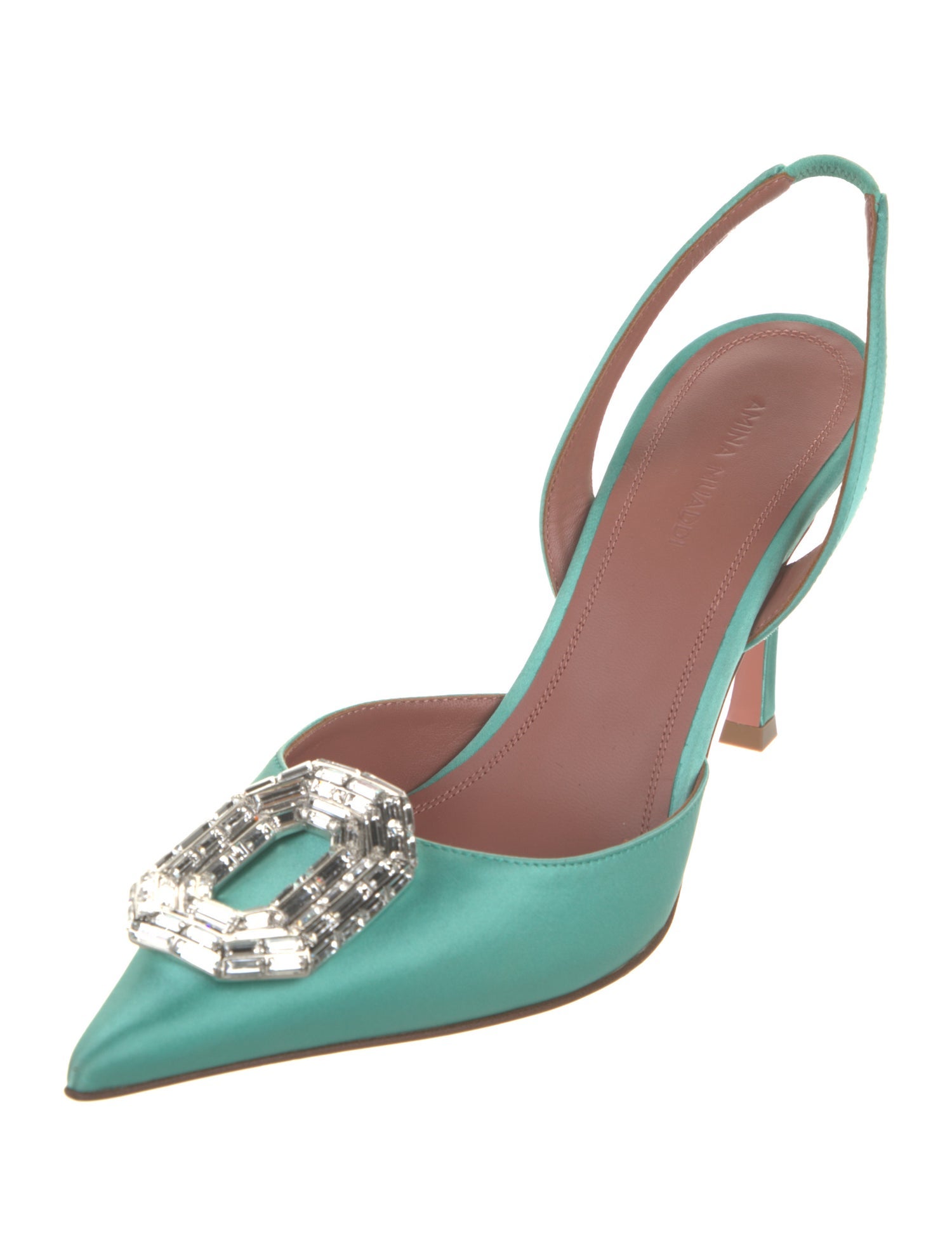 Amina Muaddi Satin Crystal Embellishments Slingback Pumps