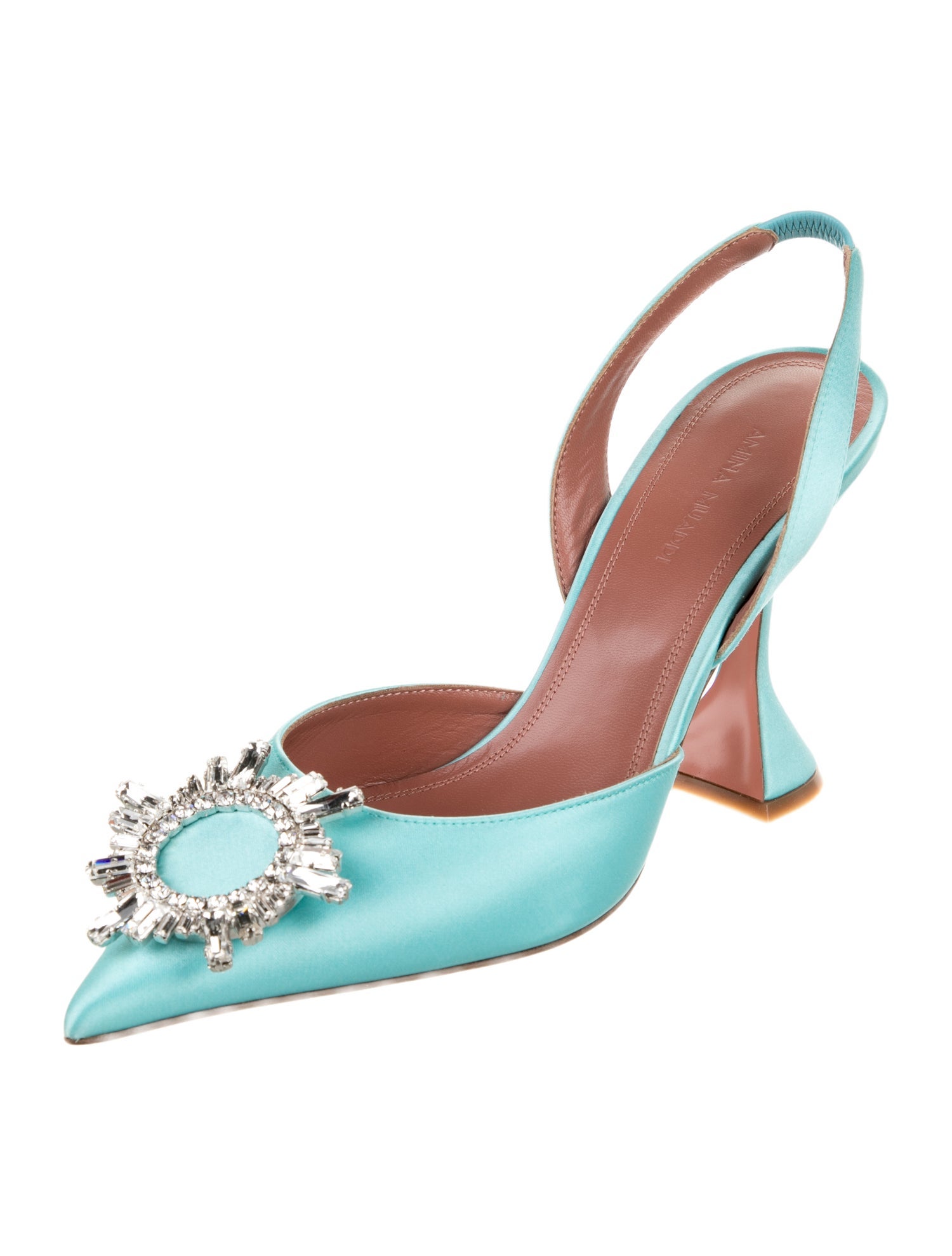 Amina Muaddi Satin Crystal Embellishments Slingback Pumps
