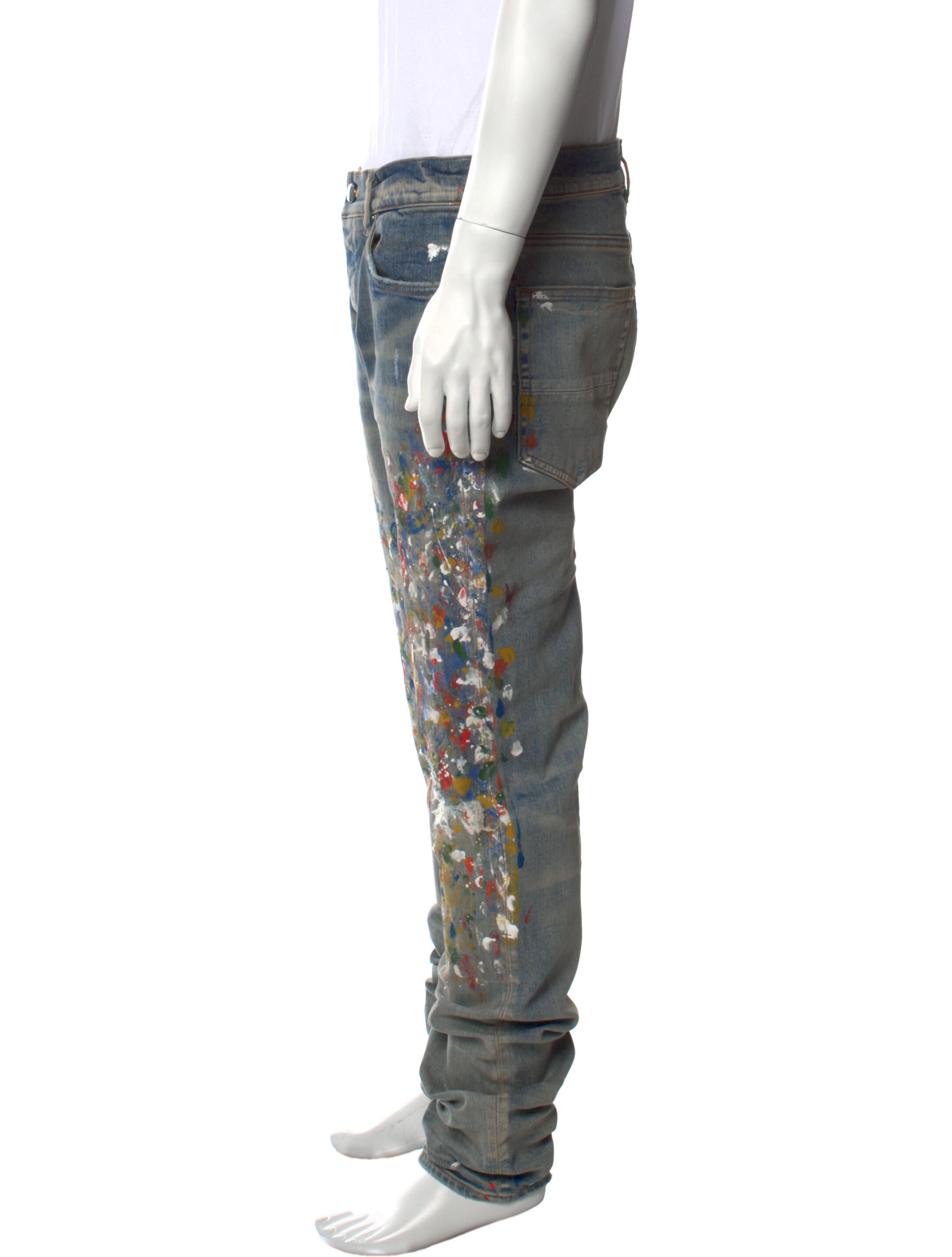 Amiri Paint Splatter Skinny Jeans Blue, 11" Rise Jeans, Clothing