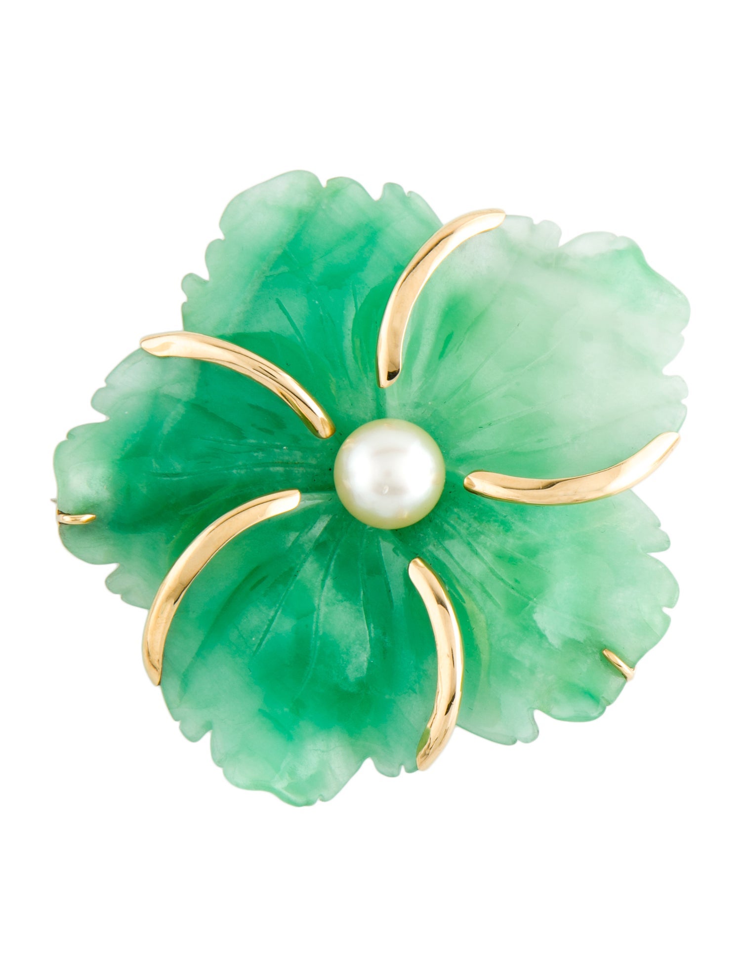 Andrew Clunn 18K Pearl & Carved Dyed Jadeite Flower Brooch