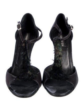 Andrew Gn Suede Feather Trim T-Strap Sandals