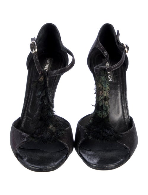 Andrew Gn Suede Feather Trim T-Strap Sandals