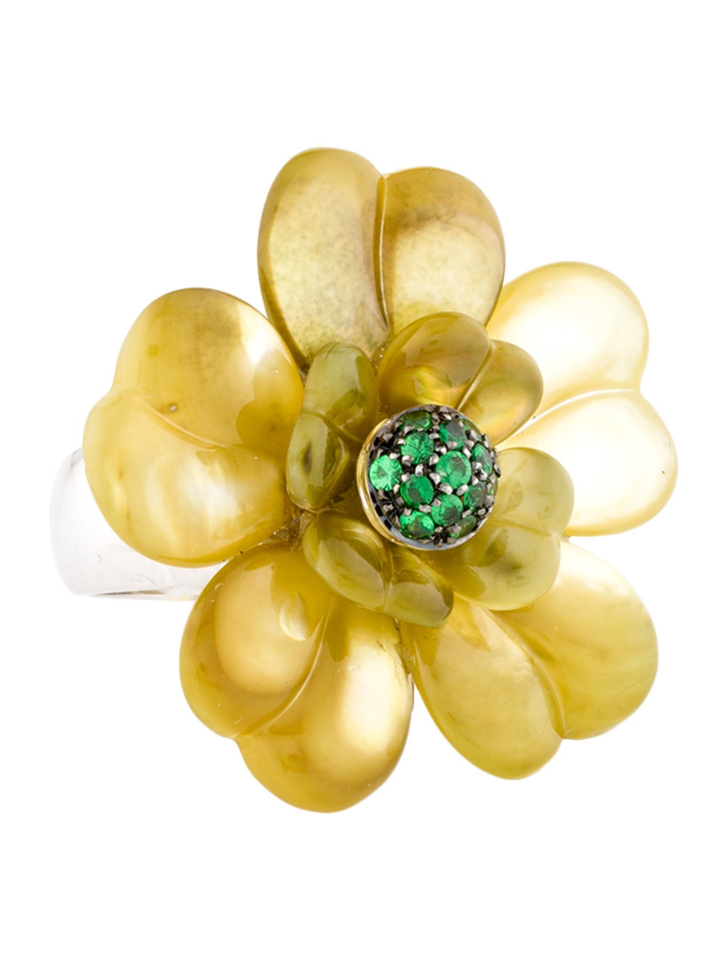 Andreoli 18K Dyed Mother of Pearl & Tsavorite Garnet Flower Cocktail Ring
