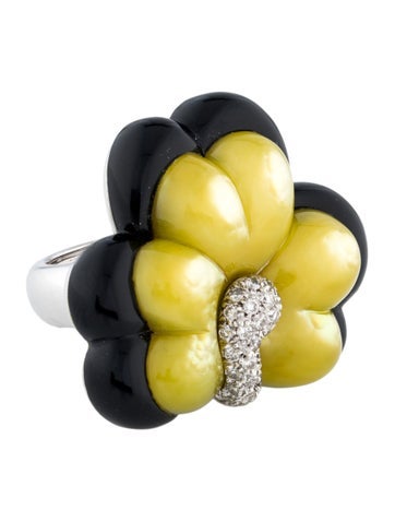 Andreoli Cocktail Ring 18K Dyed Mother of Pearl, Onyx & Diamond Floral 7.25