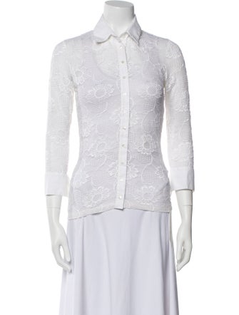 Anne Fontaine Lace Pattern Three-Quarter Sleeve Button-Up Top