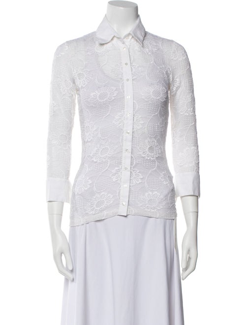 Anne Fontaine Lace Pattern Three-Quarter Sleeve Button-Up Top