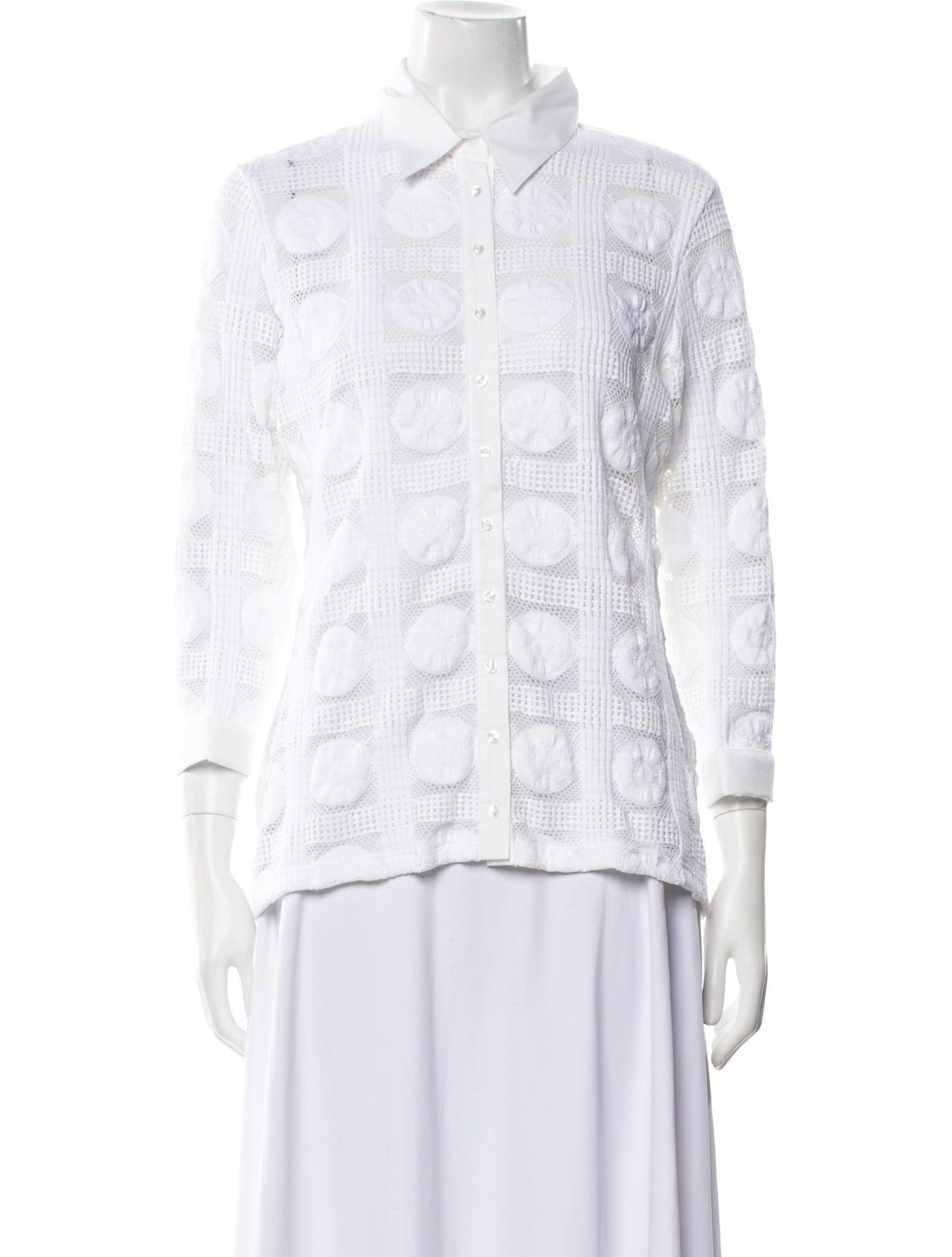 Anne Fontaine Lace Pattern Three-Quarter Sleeve Button-Up Top