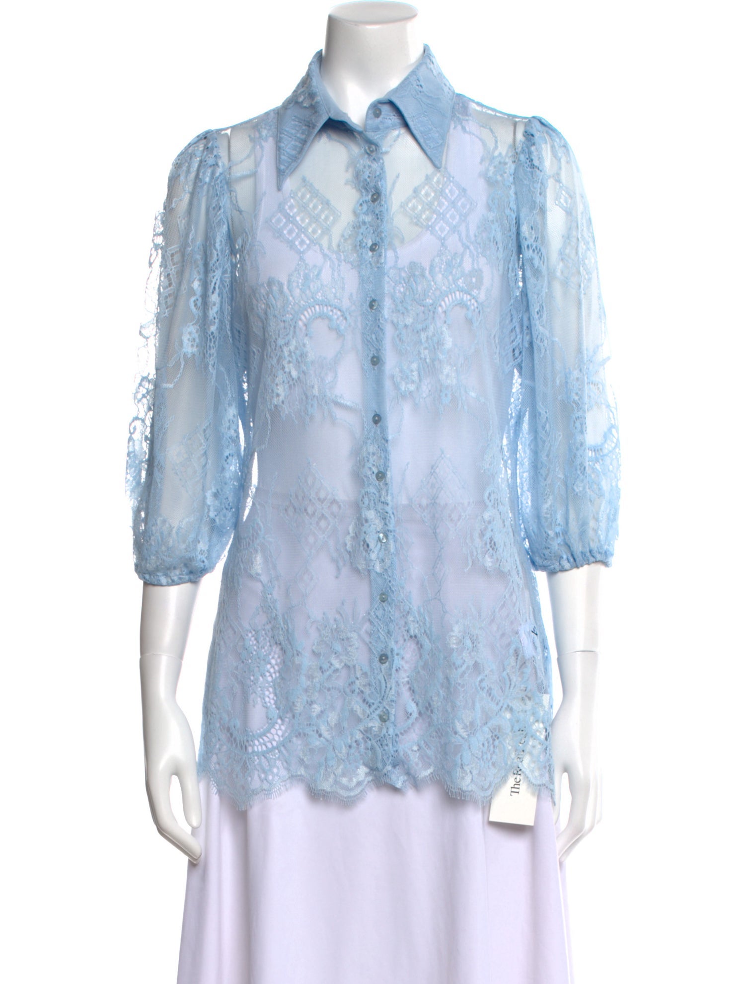 Anne Fontaine Lace Pattern Three-Quarter Sleeve Button-Up Top