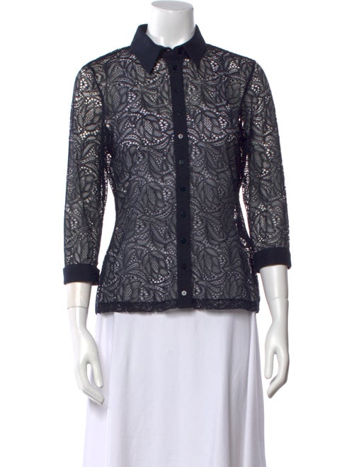 Anne Fontaine Lace Pattern Three-Quarter Sleeve Button-Up Top