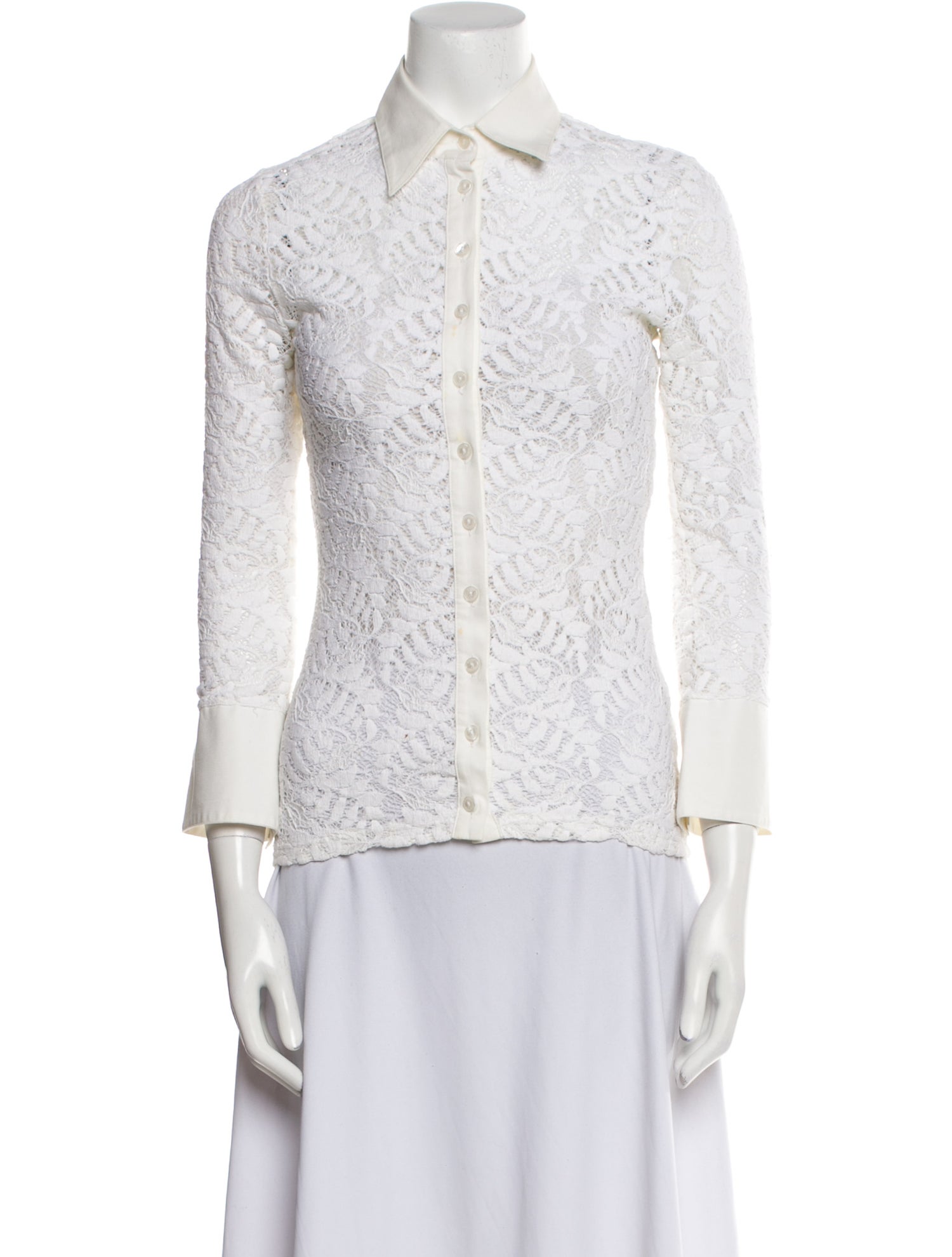 Anne Fontaine Lace Pattern Three-Quarter Sleeve Button-Up Top