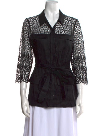 Anne Fontaine Lace Pattern Three-Quarter Sleeve Button-Up Top