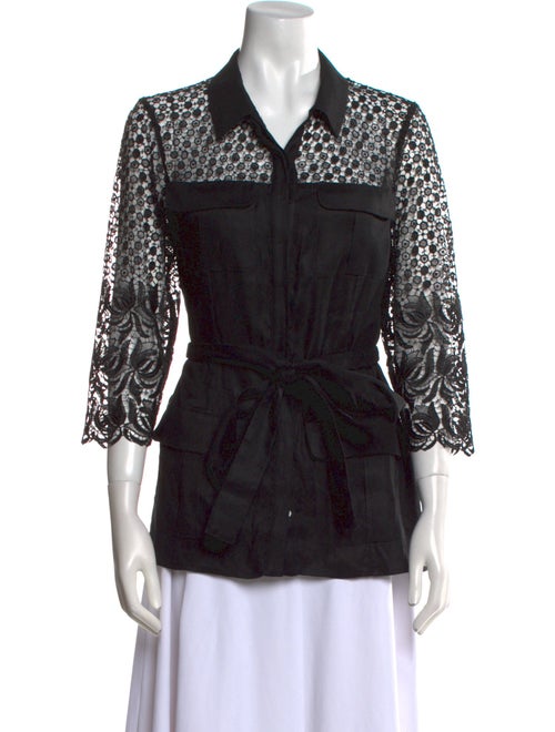 Anne Fontaine Lace Pattern Three-Quarter Sleeve Button-Up Top