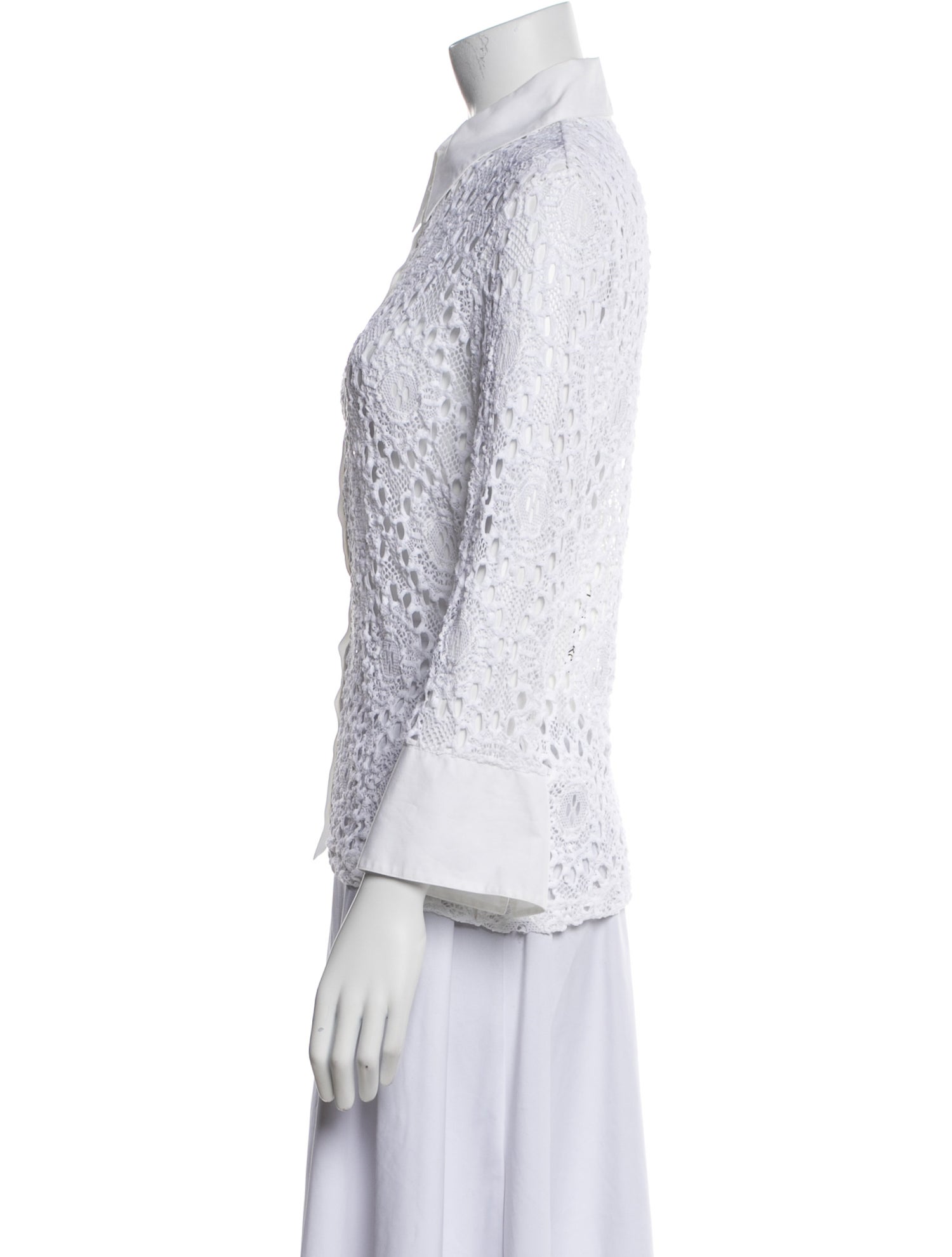 Anne Fontaine Lace Pattern Three-Quarter Sleeve Button-Up Top