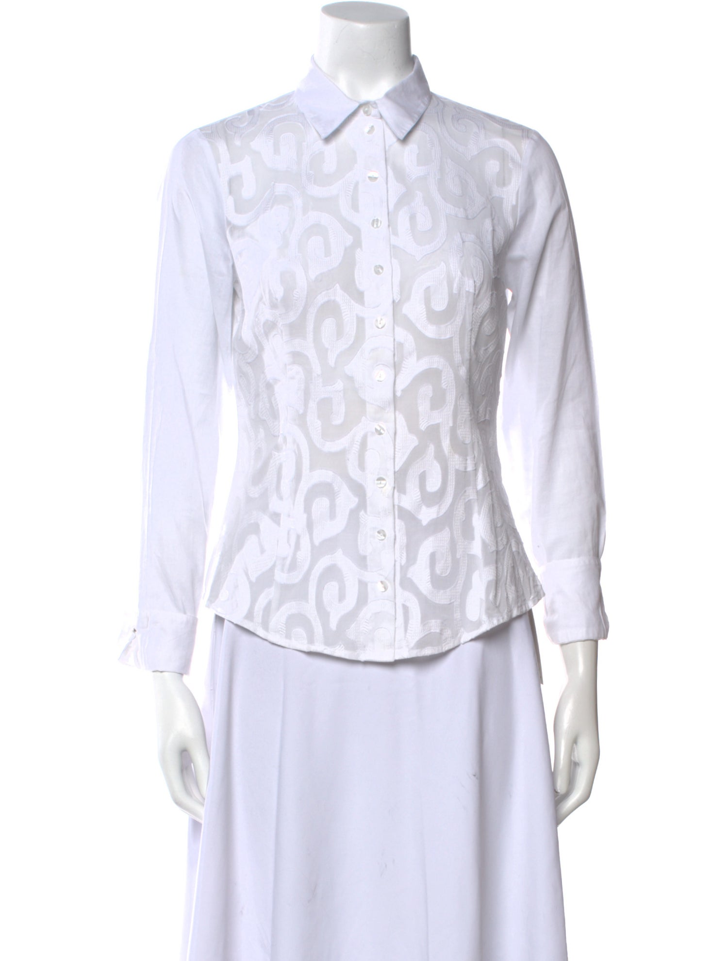 Anne Fontaine Lace Pattern Three-Quarter Sleeve Button-Up Top