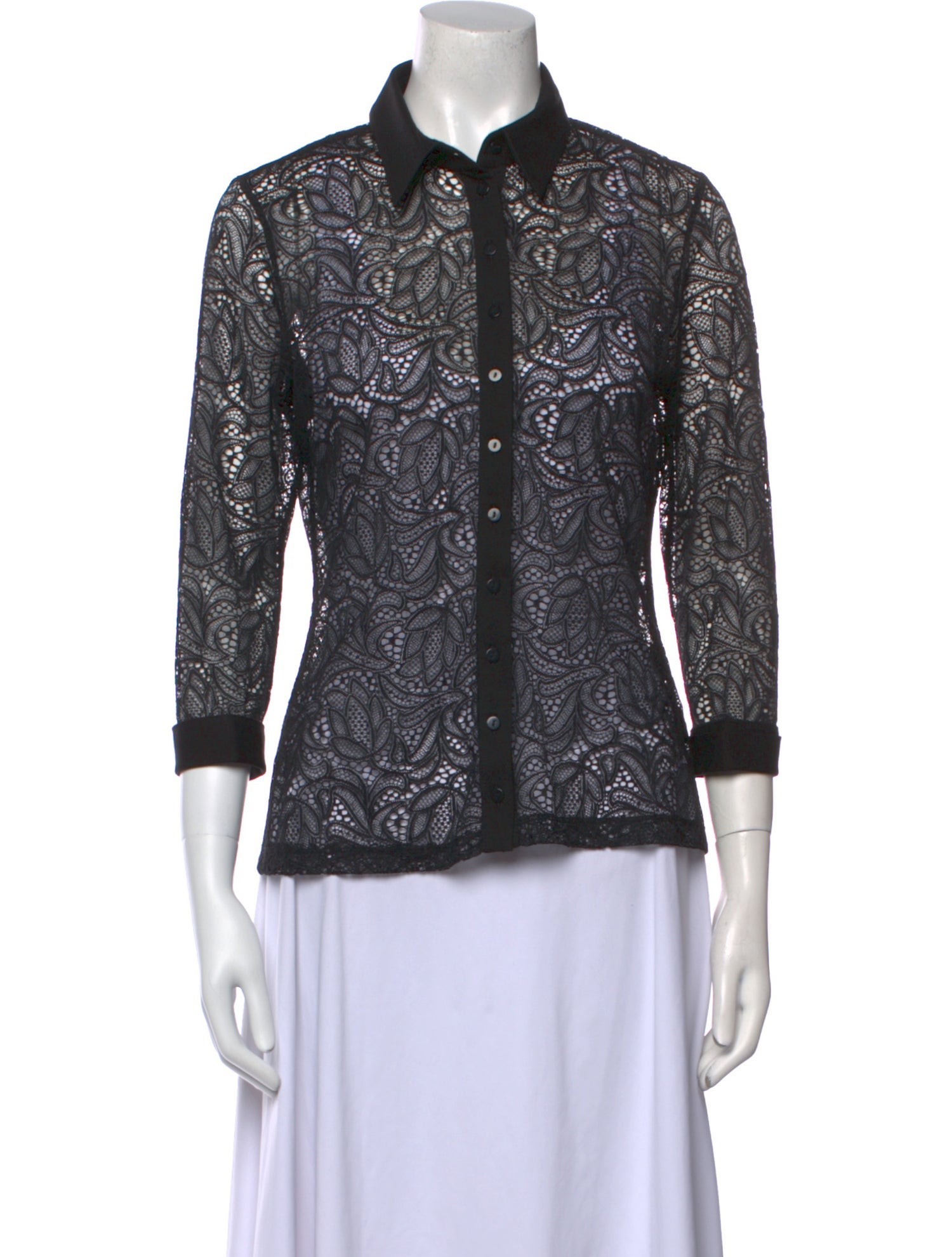 Anne Fontaine Lace Pattern Three-Quarter Sleeve Button-Up Top