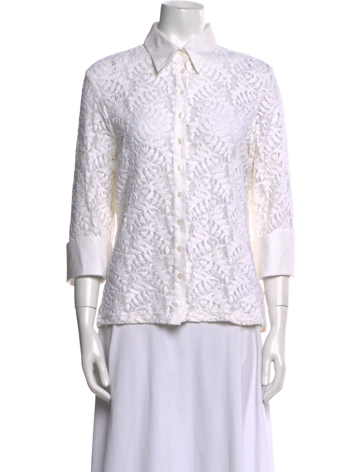 Anne Fontaine Lace Pattern Three-Quarter Sleeve Button-Up Top