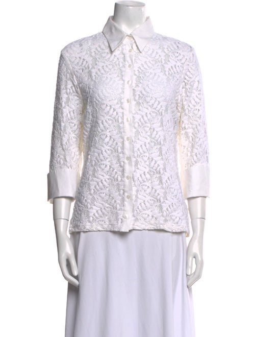 Anne Fontaine Lace Pattern Three-Quarter Sleeve Button-Up Top