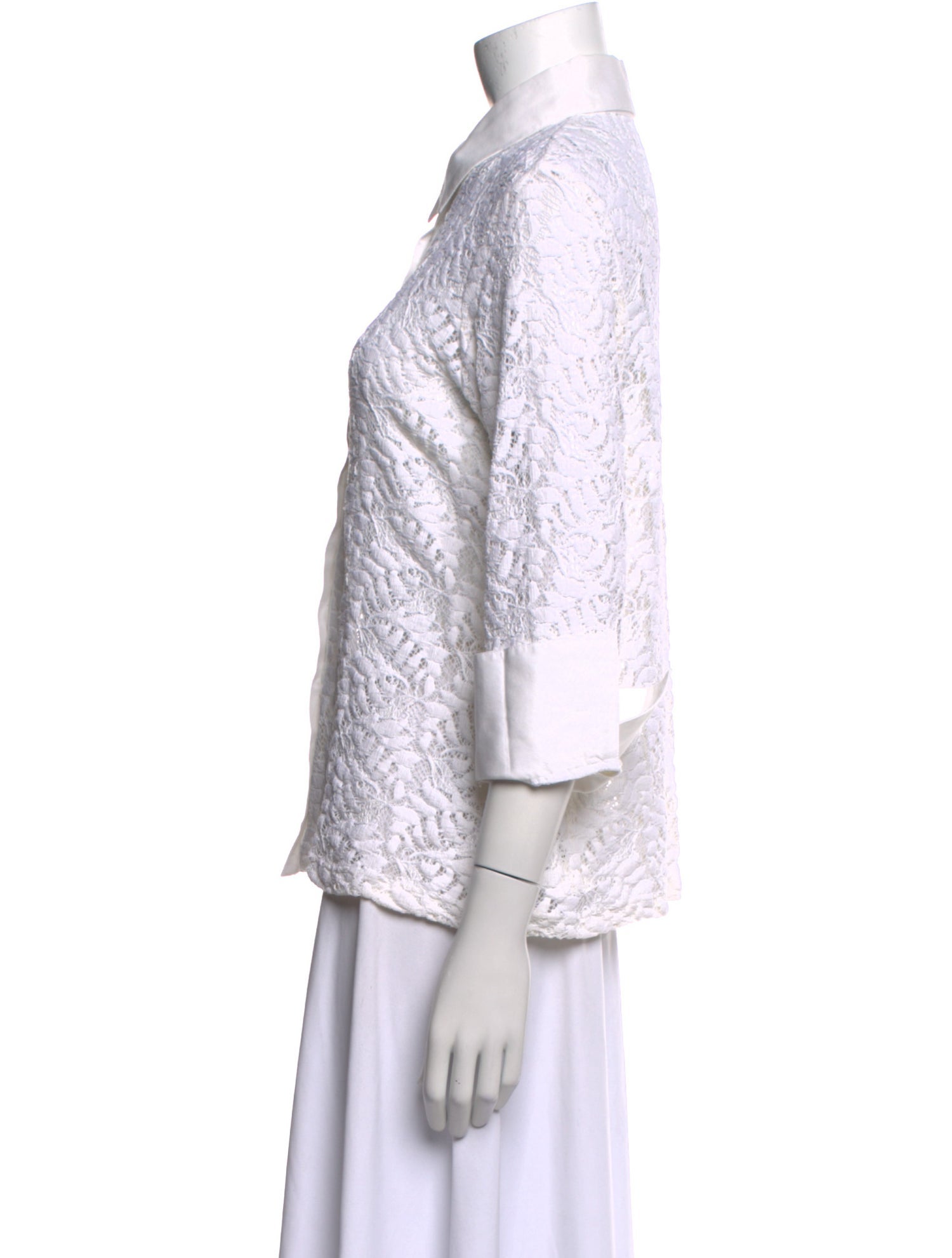 Anne Fontaine Lace Pattern Three-Quarter Sleeve Button-Up Top