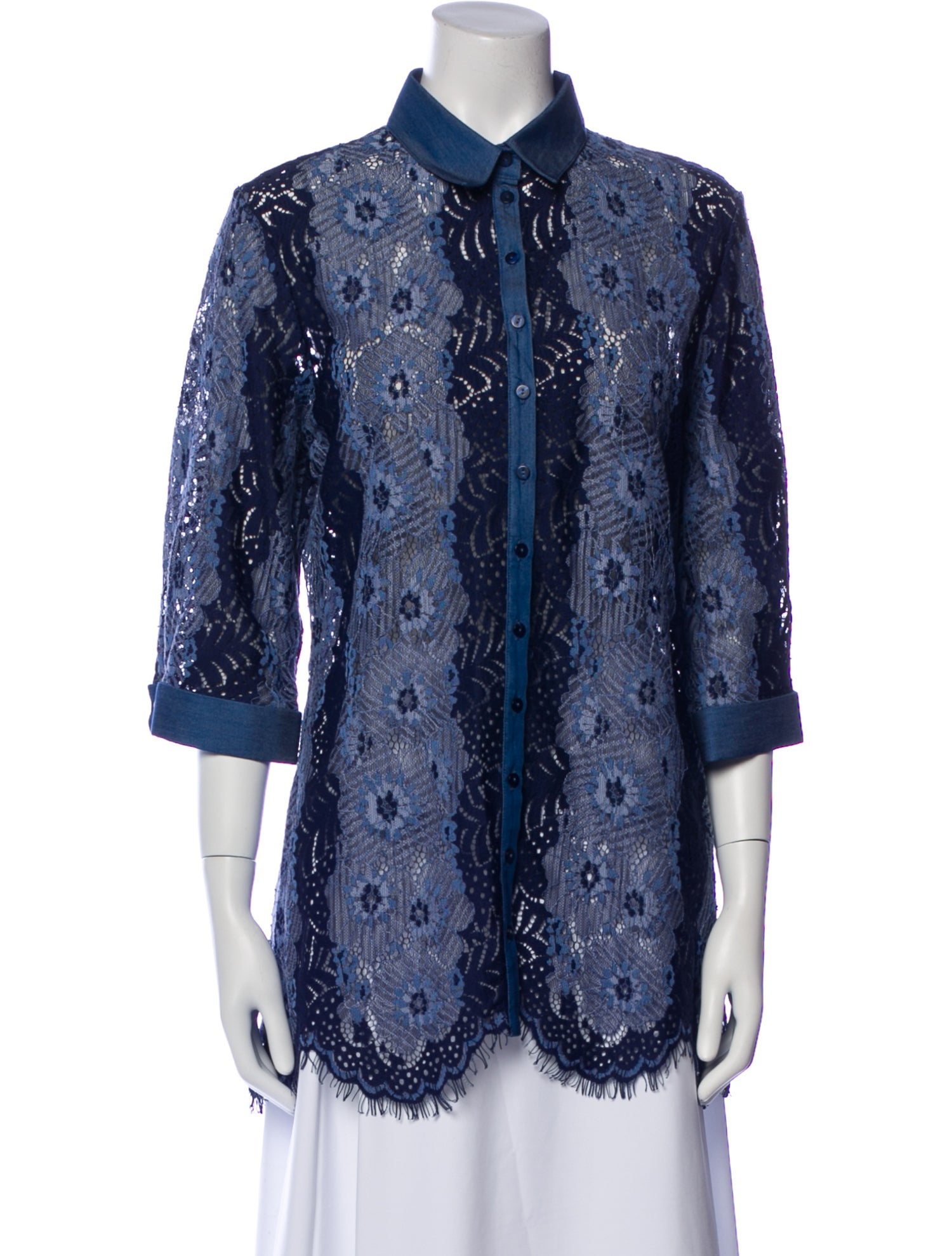 Anne Fontaine Lace Pattern Three-Quarter Sleeve Button-Up Top