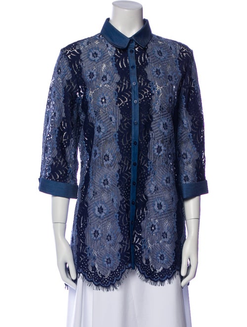 Anne Fontaine Lace Pattern Three-Quarter Sleeve Button-Up Top