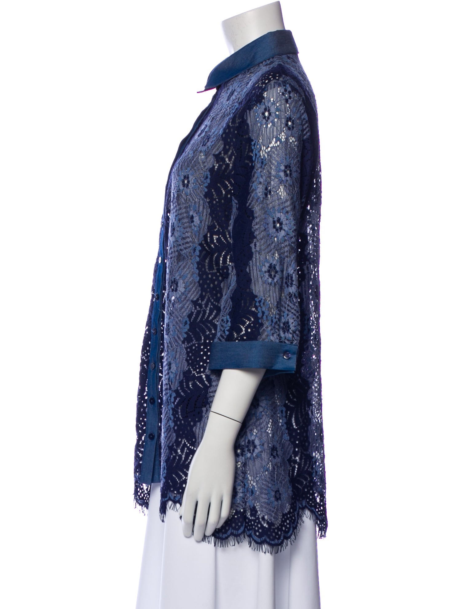 Anne Fontaine Lace Pattern Three-Quarter Sleeve Button-Up Top