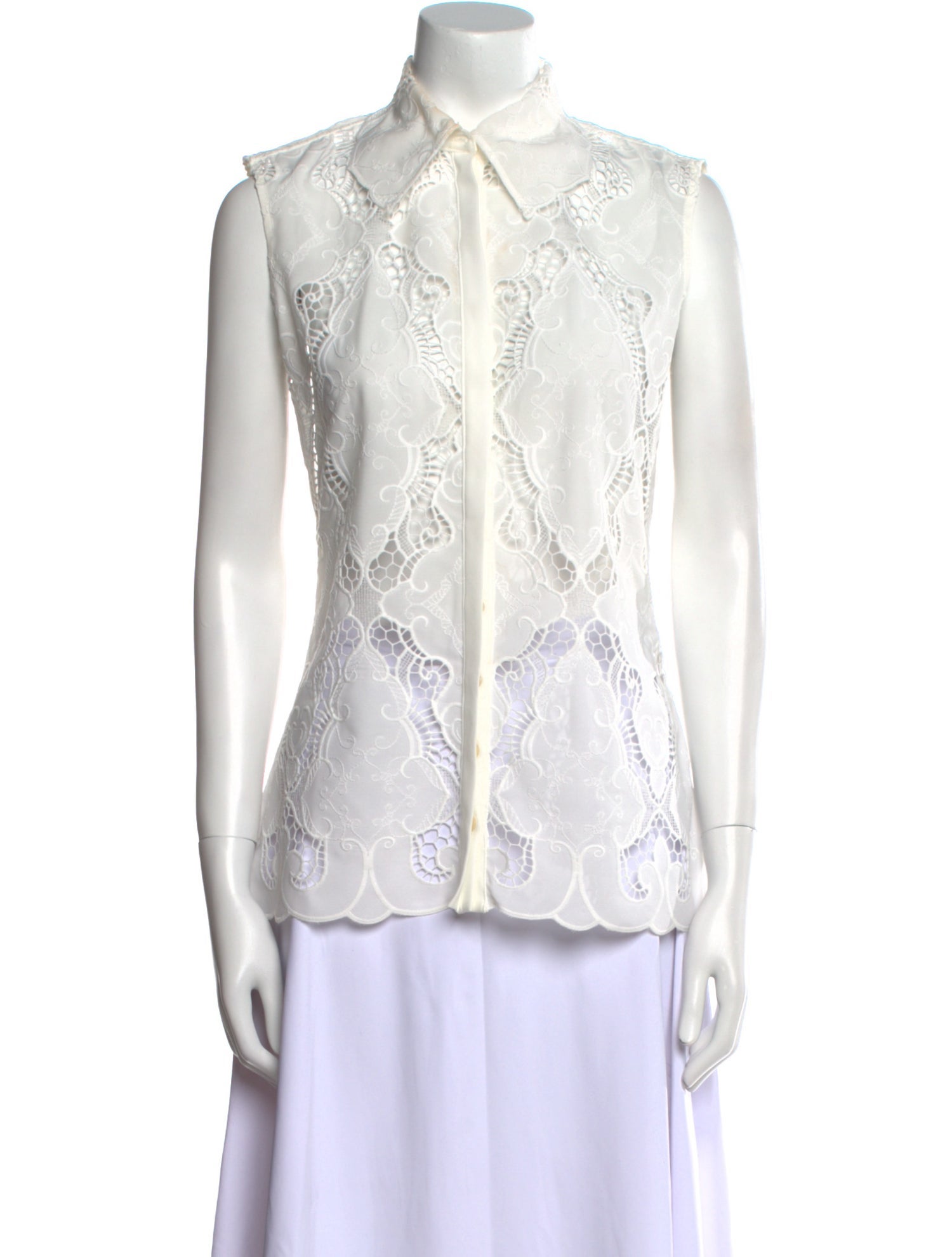 Anne Fontaine Lace Pattern Mock Neck Button-Up Top