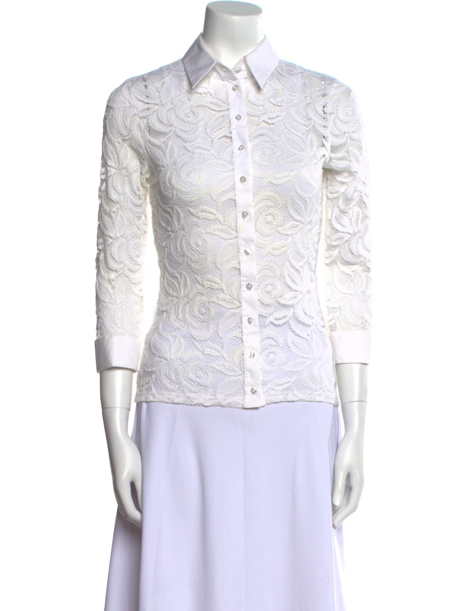 Anne Fontaine Lace Pattern Three-Quarter Sleeve Button-Up Top