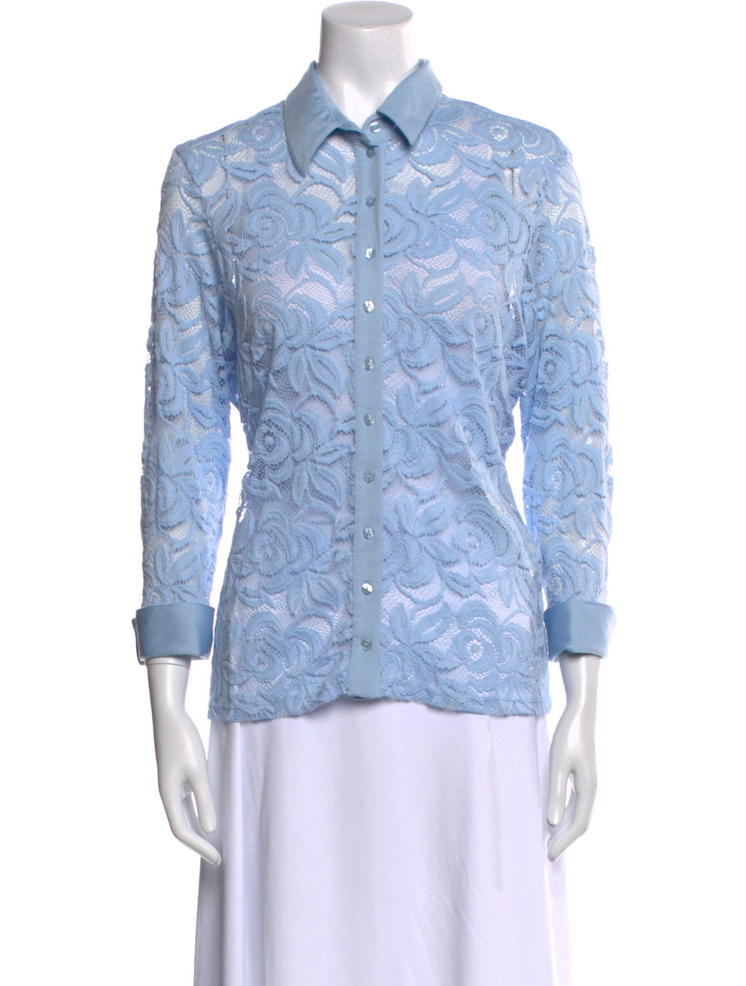 Anne Fontaine Lace Pattern Three-Quarter Sleeve Button-Up Top