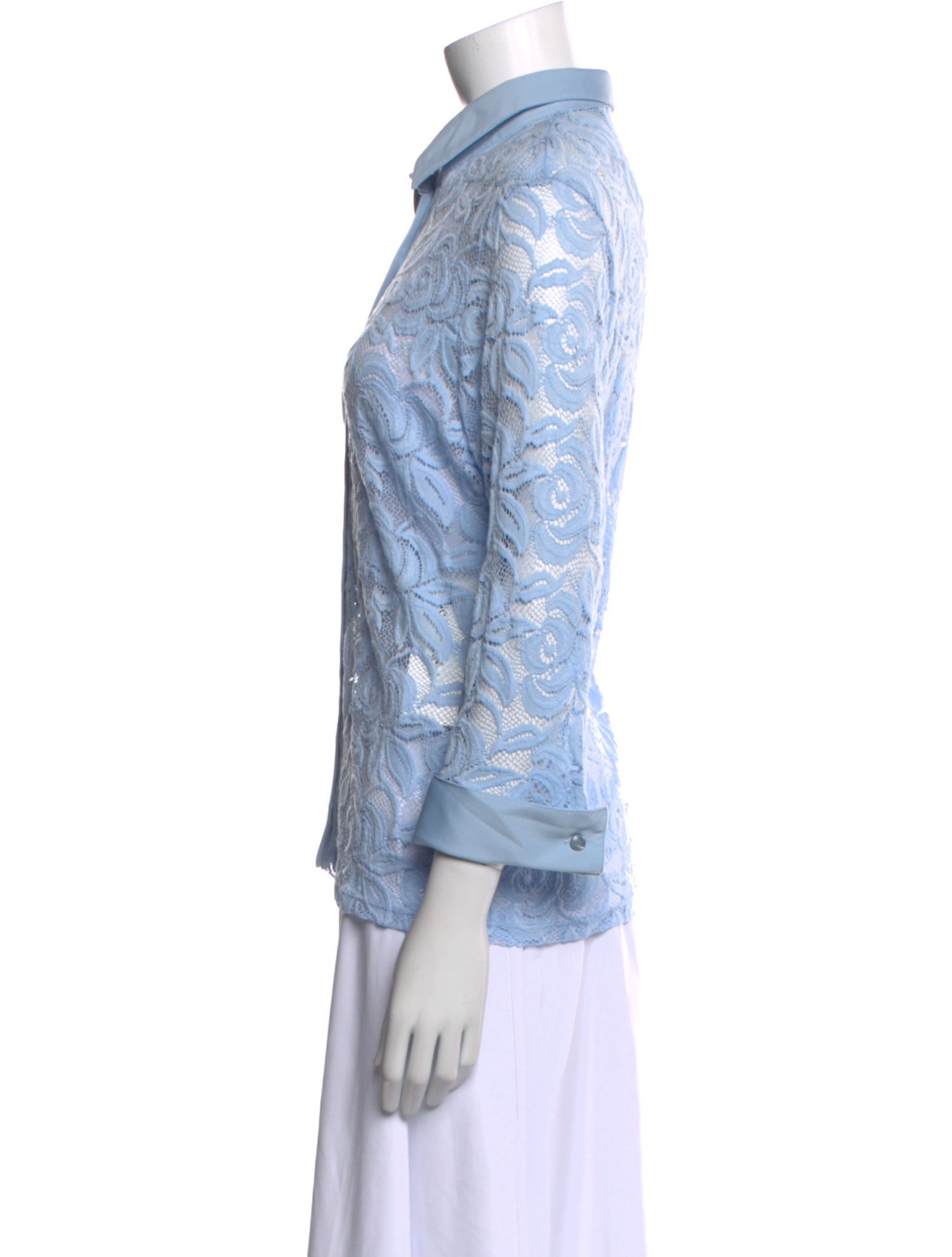 Anne Fontaine Lace Pattern Three-Quarter Sleeve Button-Up Top