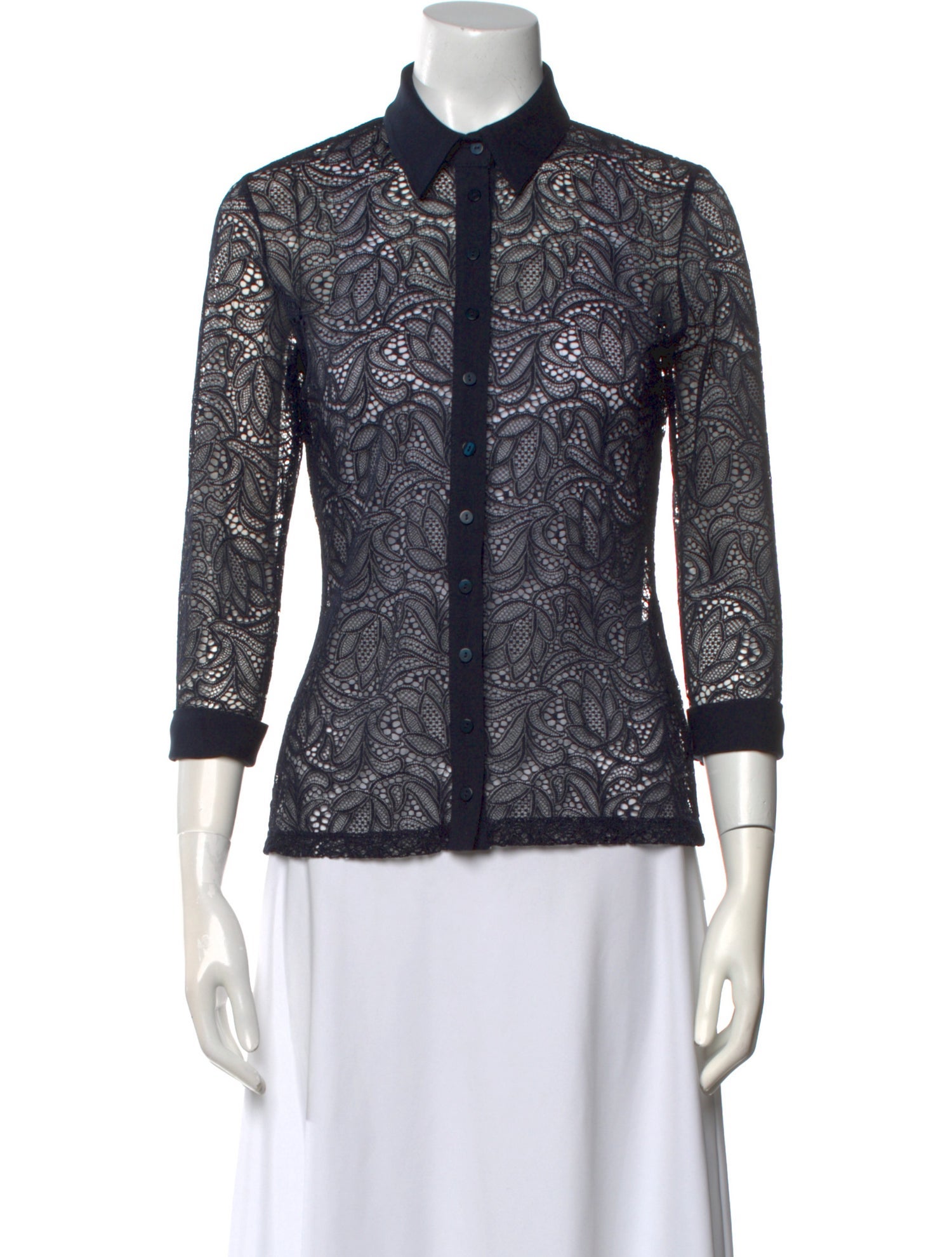 Anne Fontaine Lace Pattern Three-Quarter Sleeve Button-Up Top