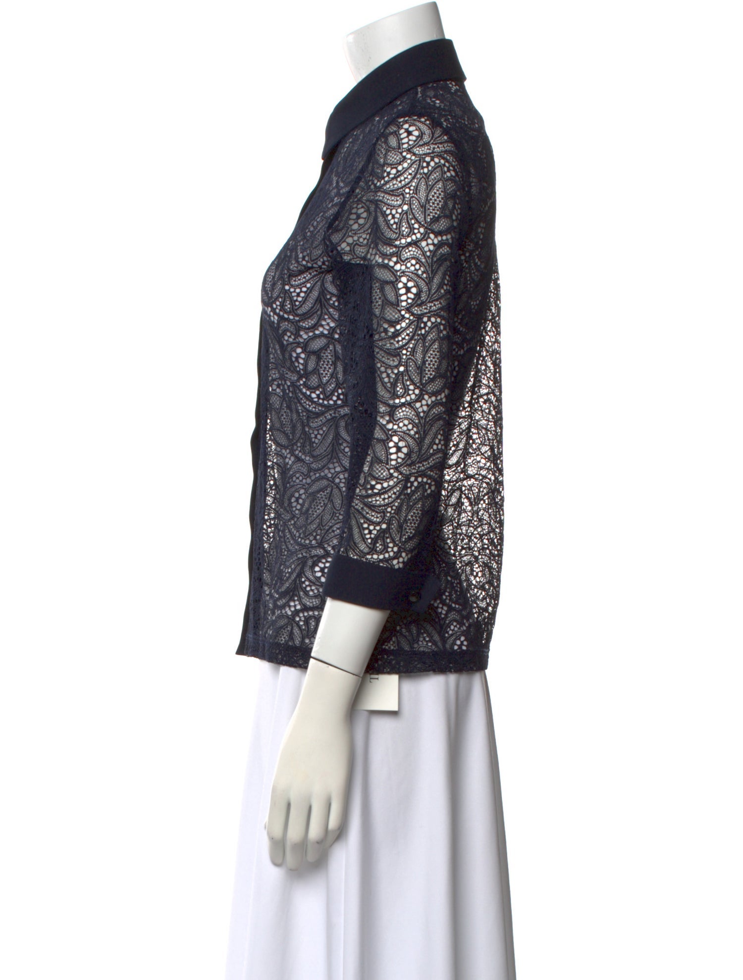 Anne Fontaine Lace Pattern Three-Quarter Sleeve Button-Up Top