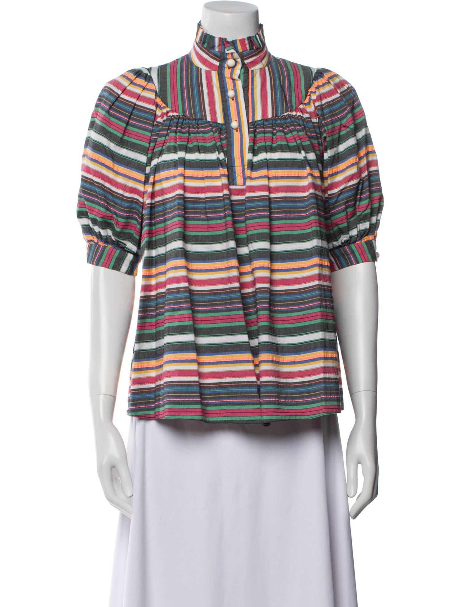 Anna Mason Striped Mock Neck Button-Up Top
