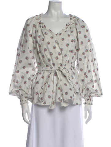 Pre-owned Anna Mason Floral Print V-neck Blouse W/ Tags In White