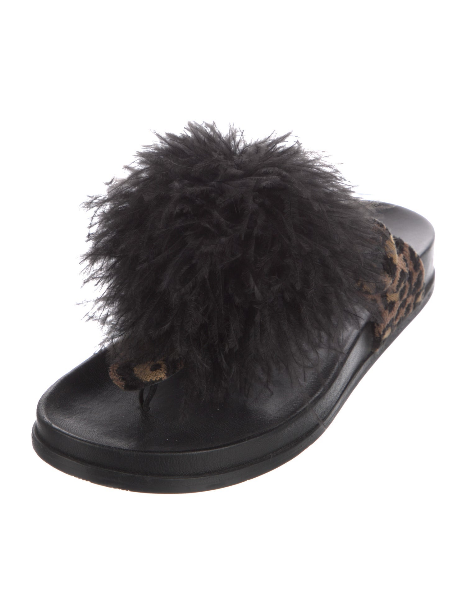 Aquazzura Animal Print Feather Trim Slides