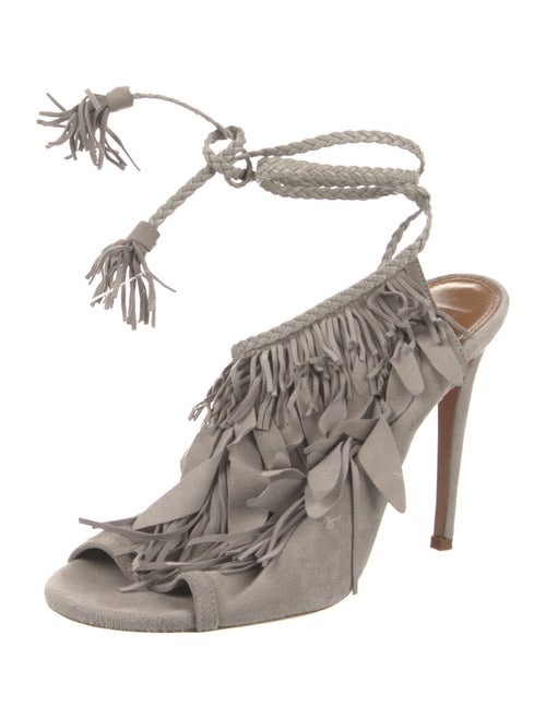 Aquazzura Suede Fringe Trim Accent T-Strap Sandals